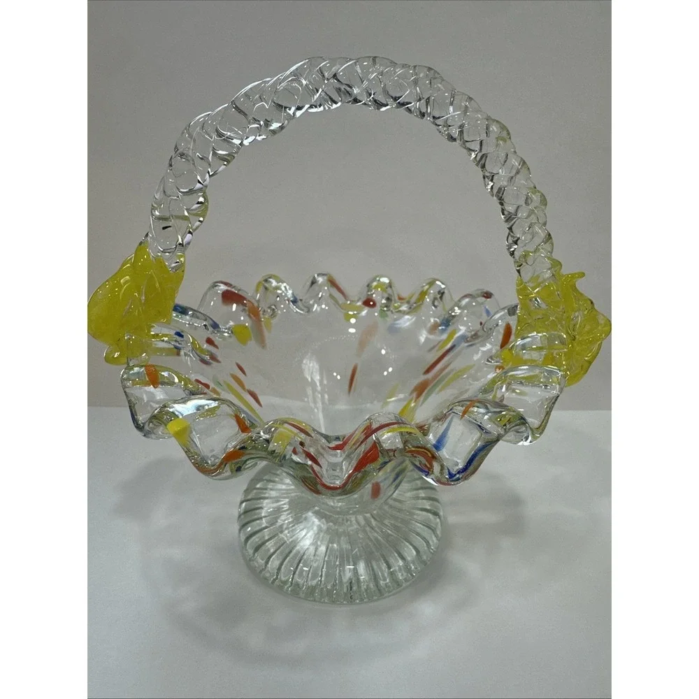 Vintage Hand Blown Art Glass Basket Confetti Spatter Ruffled Yellow Floral 6